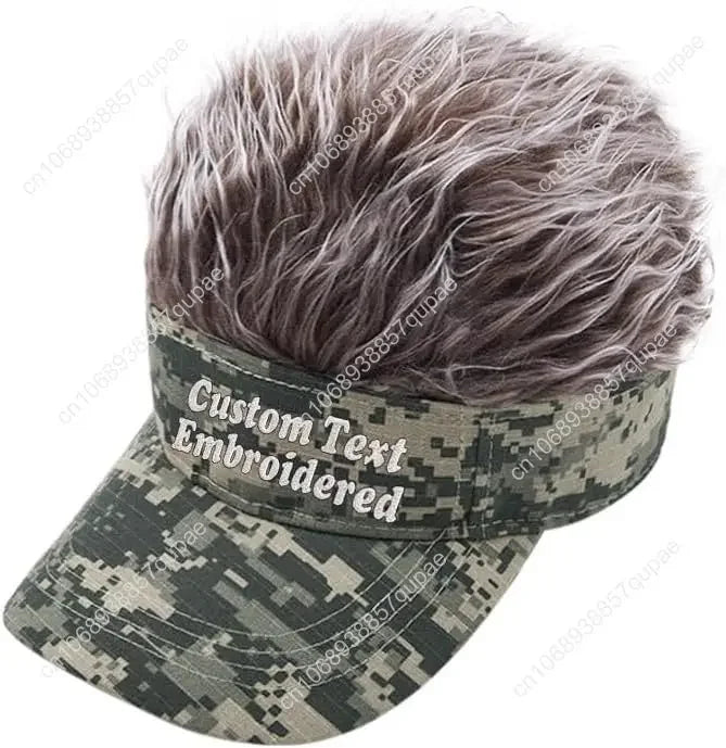 Custom Text Personalized Embroidered Novelty Hair Visor Cap Wig Peaked Adjustable Baseball Hat with Spiked Hair