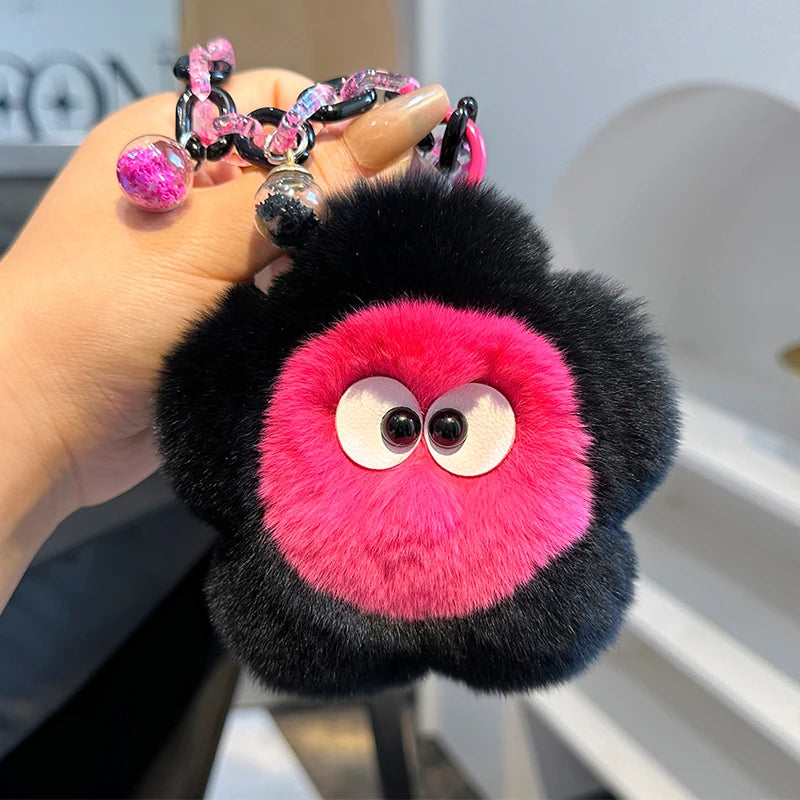 Rex Rabbit Fur Keychain Cute Plush Flower Keychain Car Bag Charms Keyring Pendant Accessories Keychain On The Phone Car Key Ring