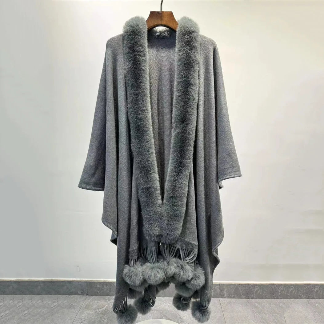 Winter Faux Rabbit Fur Ball Cloak Warm Thick Poncho Shawl Coat Women Big Pendulum Outer Wear Cardigan Long Pompon Cape