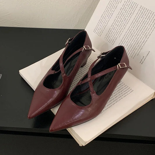 2025 New Fashion Buckle Strap Pumps Women Low Heel Shoes Female Shallow Footwear Pointed Toe Ladies Mary Janes Heeled Shoes