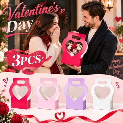 3PCS Heart-Cutout Flower Gift Box Romantic Portable Paper Flower Box With Handle Foldable Floral Wrap Box Birthday Party