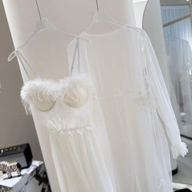 Fairy Wedding Robe Set Bride Morning Dressing Gown Sexy Mesh Perspective Robe Suit 2Pcs Spaghetti Strap Pajamas Lingerie
