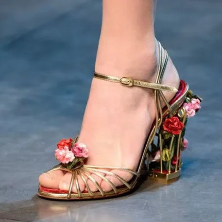 Luxury Bird Cage Women Sandals Gold Metallic Leather Strappy Sandals Floral Flower Ankle Strap Celebrate Bride Party Shoes 8.5cm