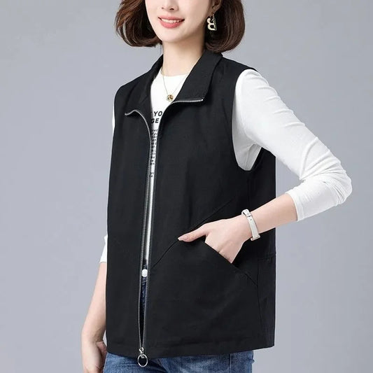 New Spring Summer Thin Blue Vest Women Lined Casual Sleeveless Jacket Basic Coats Turndown Collar Zipper Waistcoat Female Tops