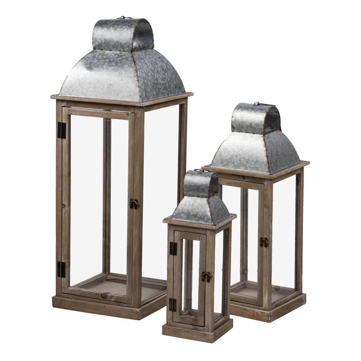 Set of 3 Silver & Natural Wood Lanterns with Glass Panels