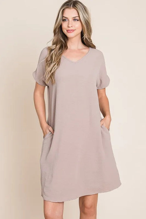 BOMBOM V-Neck Short Sleeve Dress with Pockets
