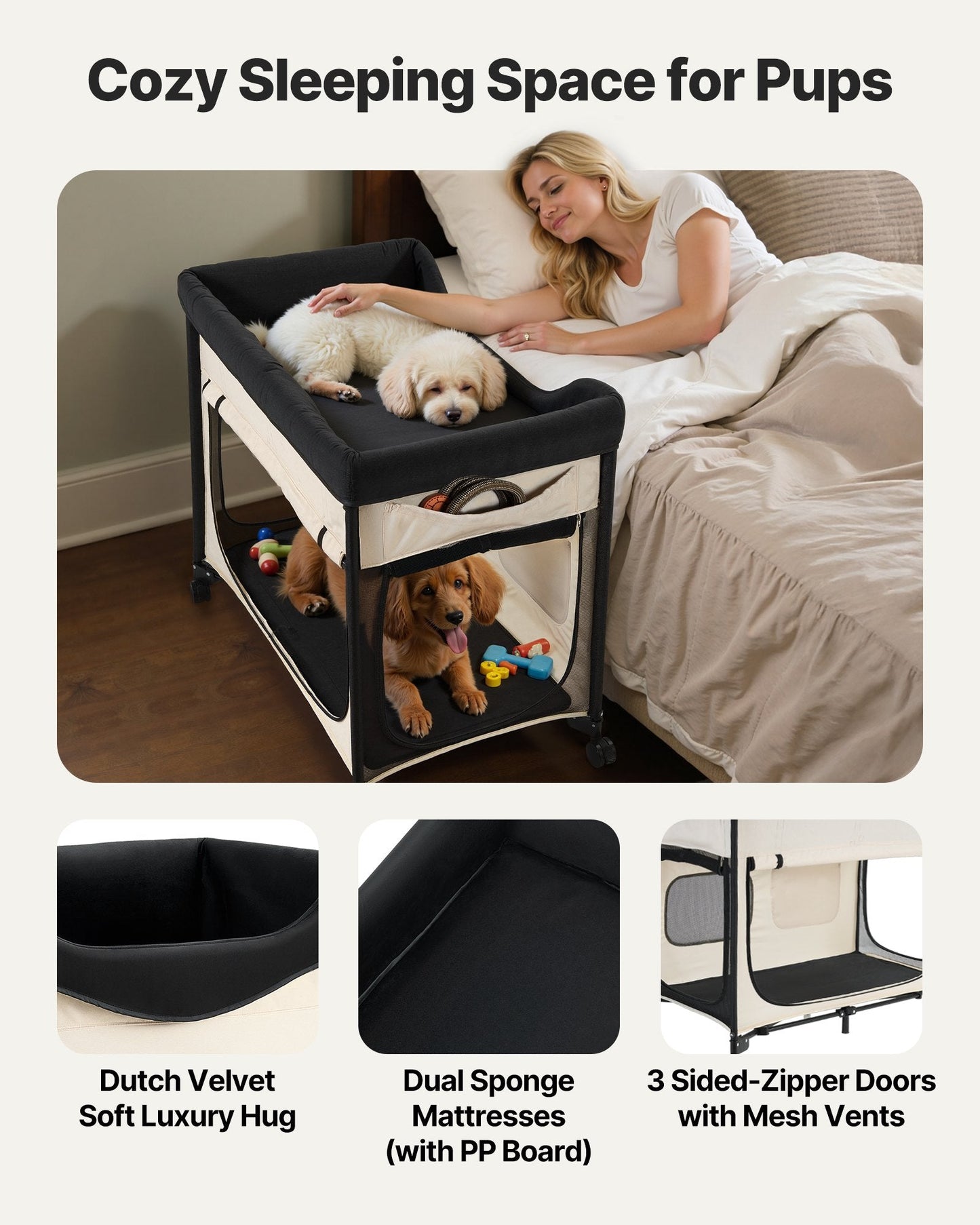 Elevated Lounge Pet Bed Foldable Bunk Dog Bed With Wheels & Side Bags