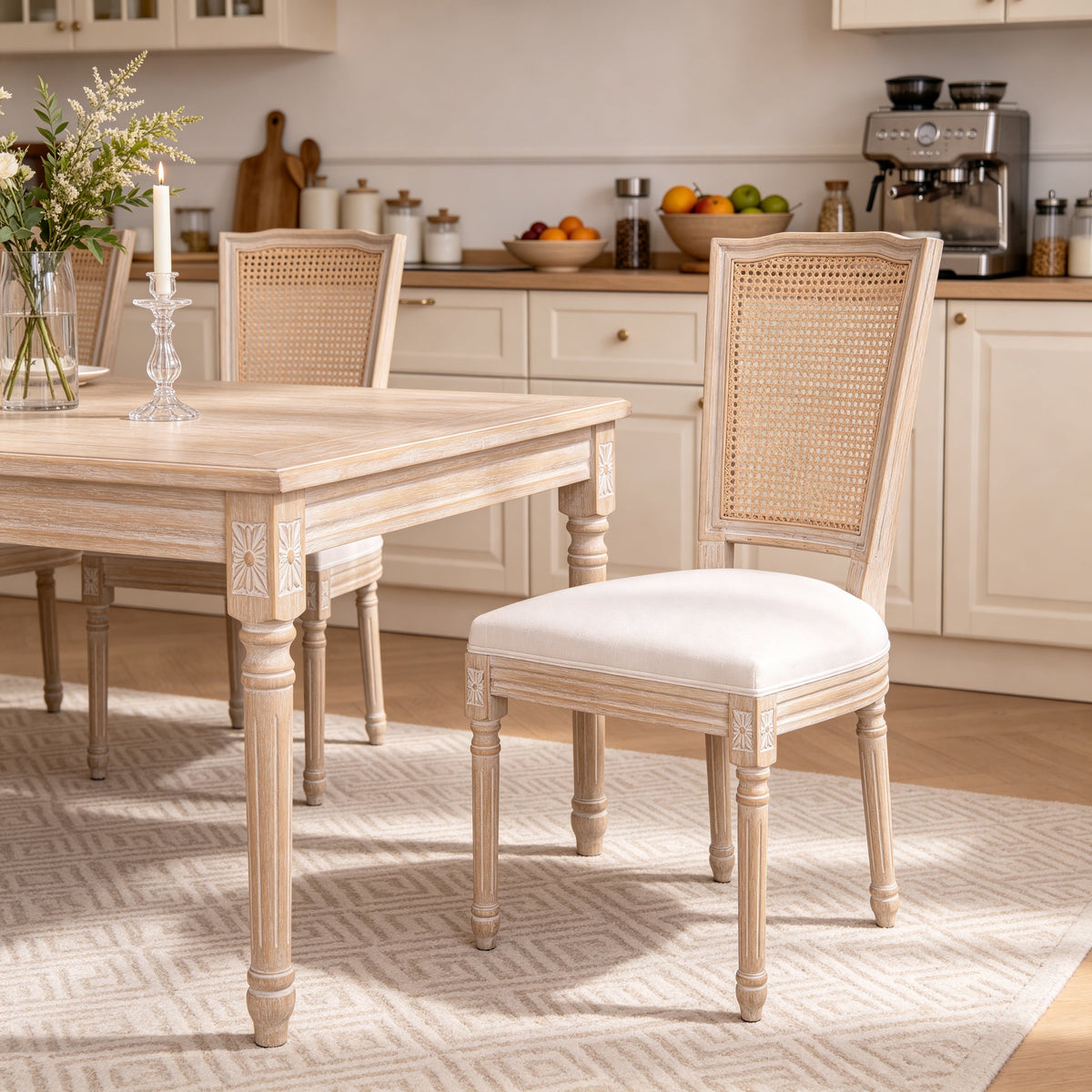 Dining Chairs Set of 2 with Rattan T-Backs and Beige Linen Seats,