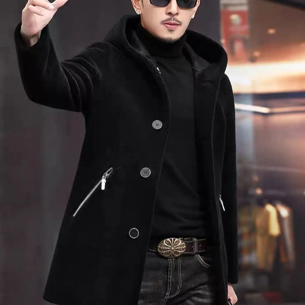 Men Winter Long Casual Thick Fleece Hooded Waterproof Jacket Male Real Fur Wool Coat  Outwear Vintage Clothing   G436