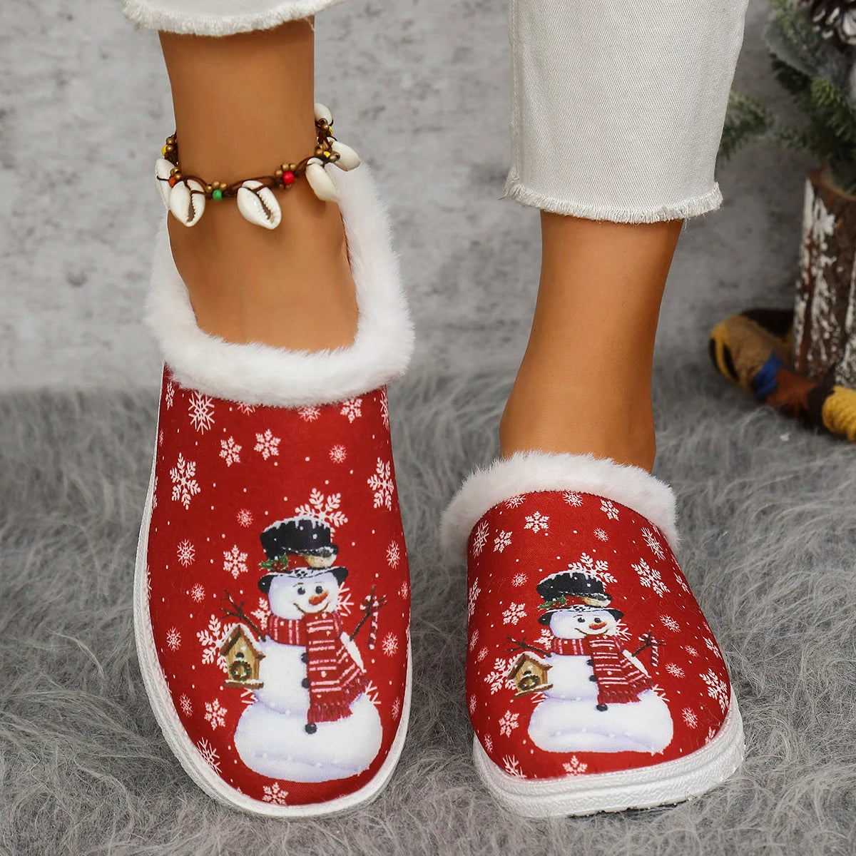 Snowman Pattern Women's Slippers Lightweight Anti-Slip Thick Warm Home Fur Slippers Christmas Design Cozy Indoor Footwear
