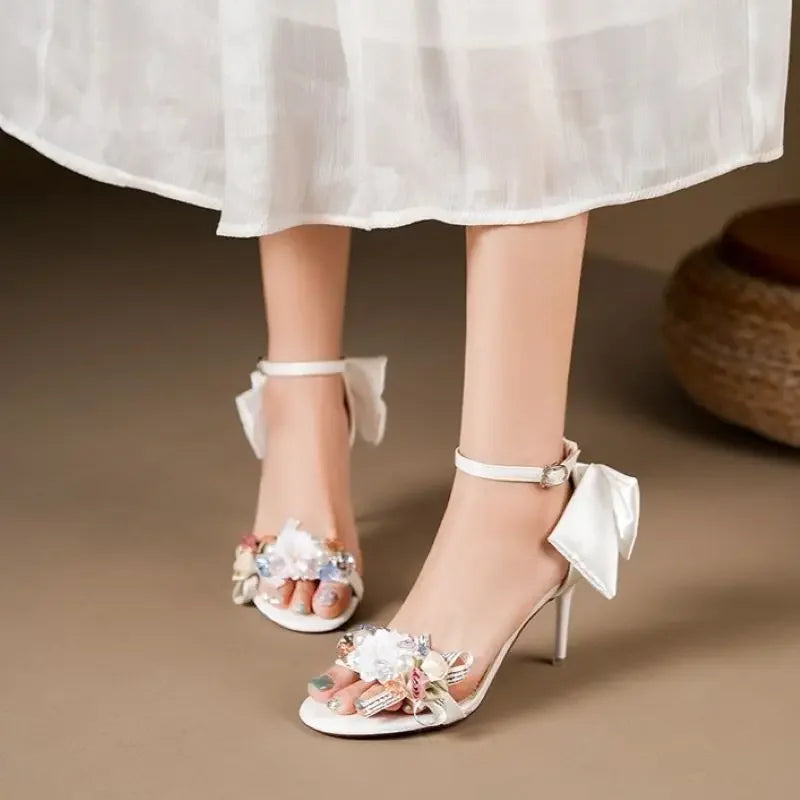 2025 Summer Fashion Women Pumps Open Toe Satin Flower Bow Buckle High Heel Sandals Dress Wedding Shoes