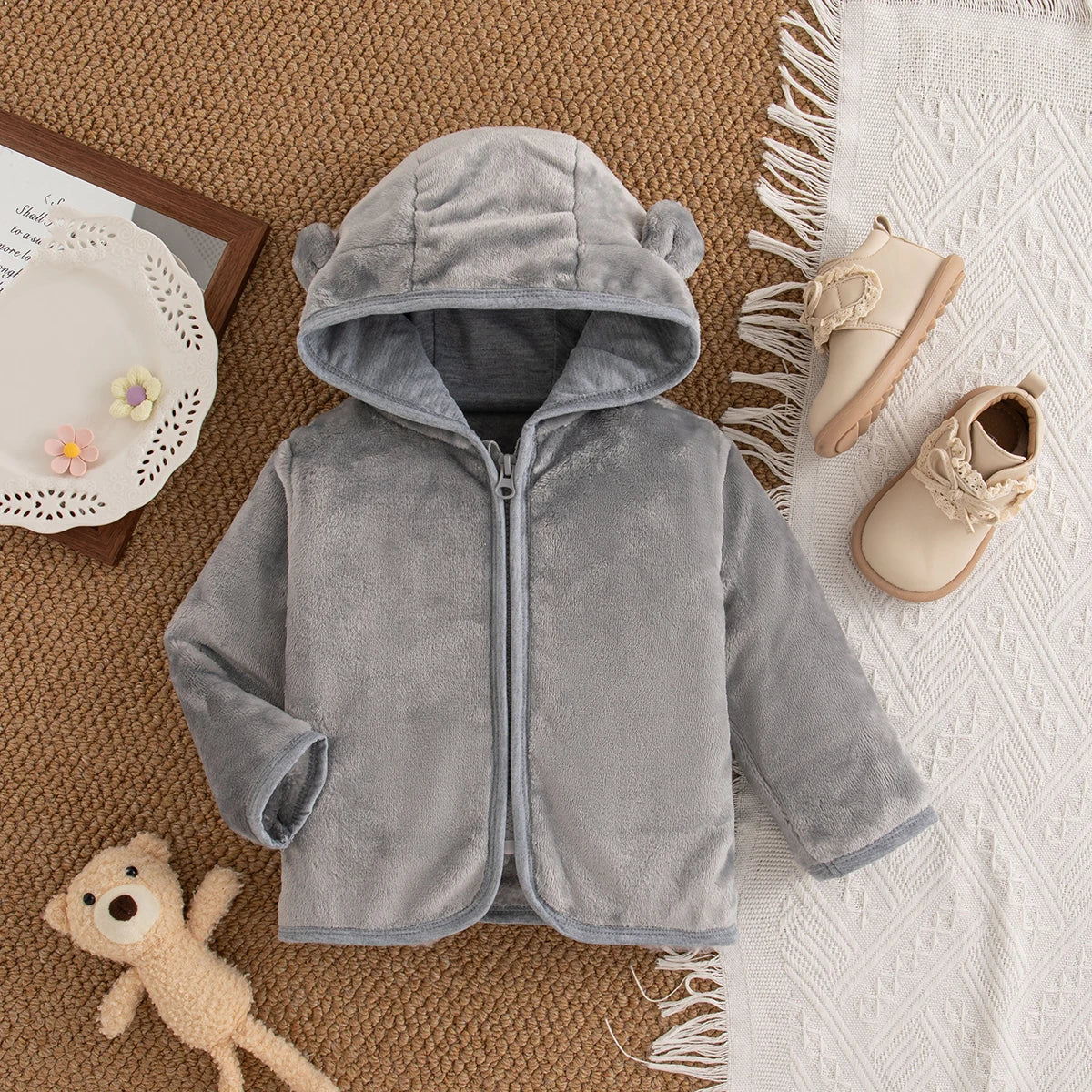 Autumn Winter Baby Girl Plush Coat Simple Zipper Hooded Long Sleeved Cotton Coat Girl Outward Keep Warm Clothes
