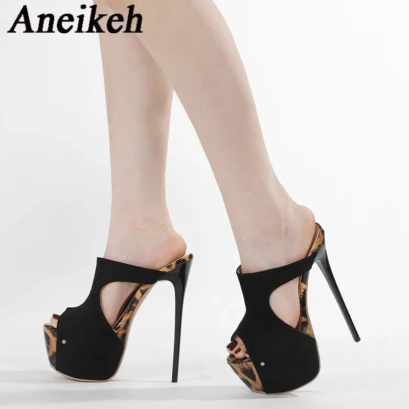 Aneikeh Summer Extreme Platform High Heels Black Leopard Print Rivet Slippers Ladies Sexy Slingback Sandals Mules Slides Shoes