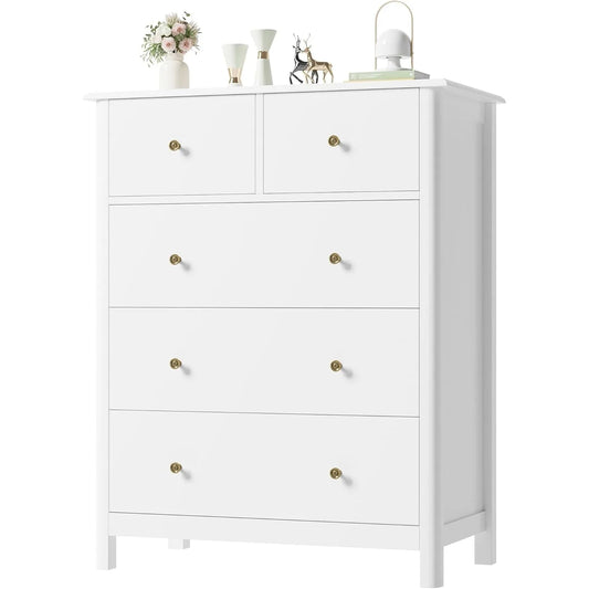 White Dresser with 5 Drawers, Tall Chest of Drawers, 5 Drawer Dresser with Deep Space, Wood Storage Cabinet for Living Room