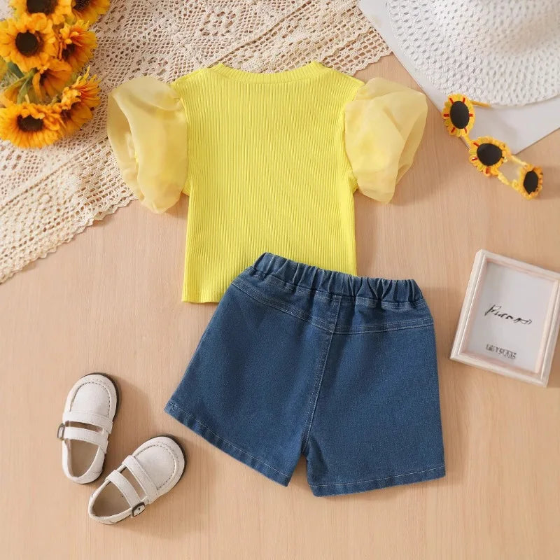 2025 Summer New Mesh Puffy Sleeve T-Shirt + Embroidered Denim Shorts 2 Piece Girl's Set