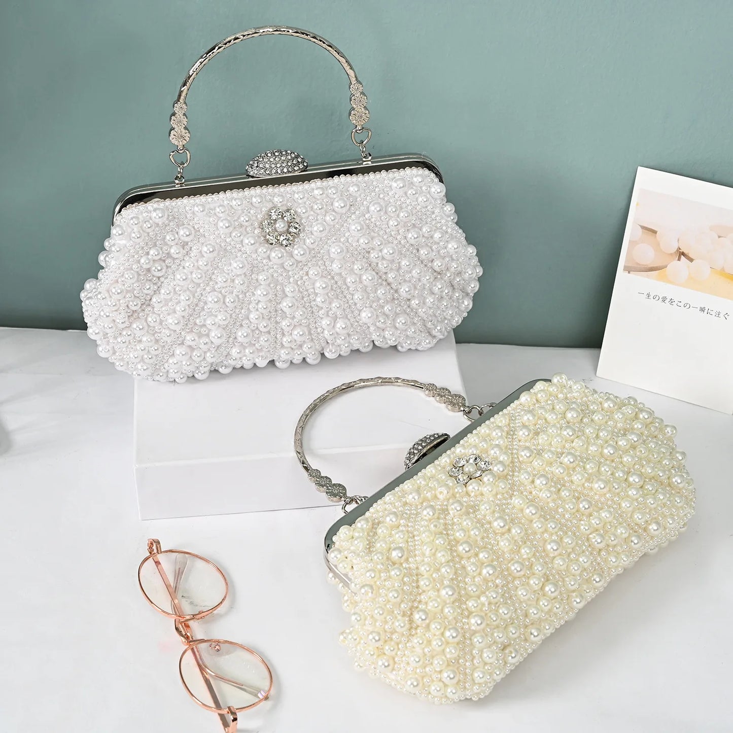 2023 New Shell Pearl Rhinestone Dinner Bride Dress Shoulder Bag Small Banquet Bag Cocktail Party Handbag Evening Clutch Purse