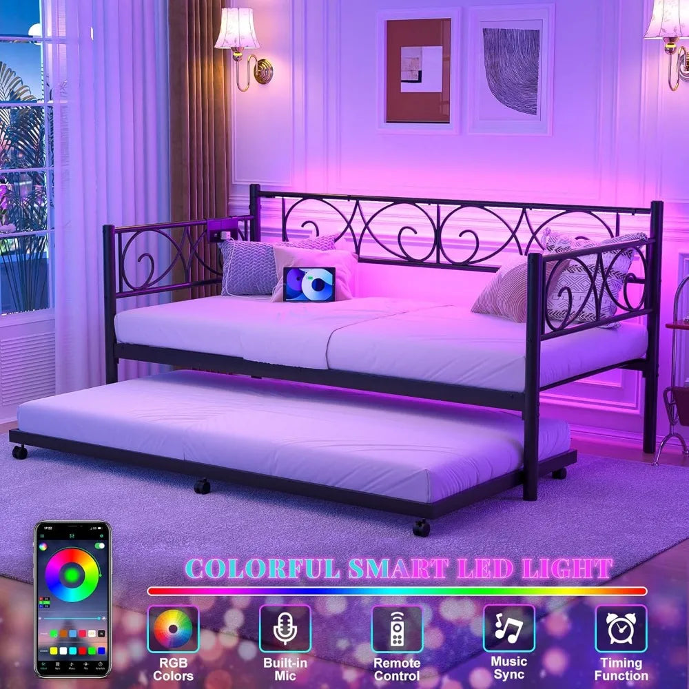 Daybed with Trundle Bed, Twin Bed Frame with Charging Station and LED Lights, Metal Sofa Day Bed with Pop Up Trundle and Steel