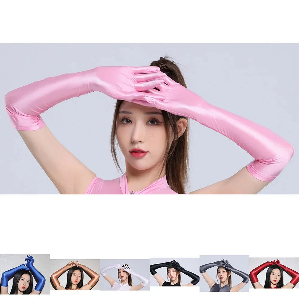 Sexy Lingerie Women Smooth Shiny Elastic Long Gloves Oil Silky Driving Nightclub Mittens High Elastic