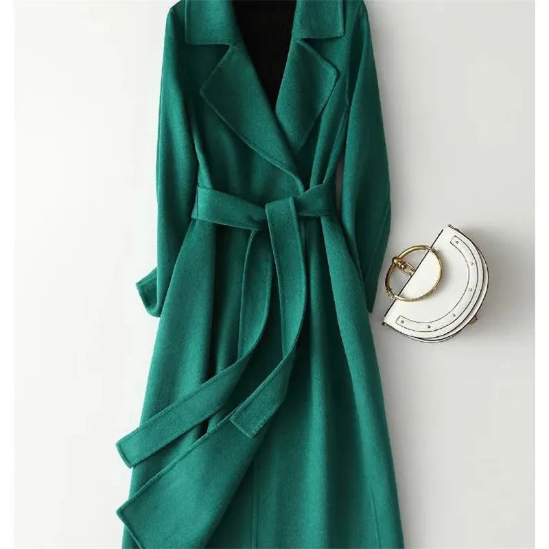 New Fashion Faux Woolen Coat Women Autumn Casual Solid Color Elegant Long Belt Wool Jacket Female Slim Overcoat Clothes B1384