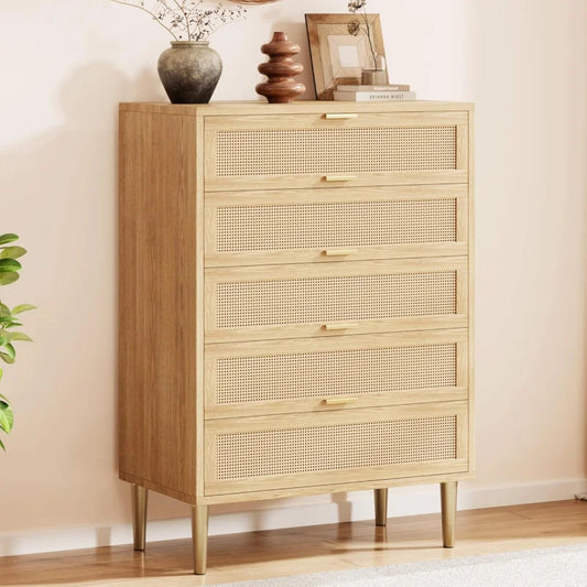 Rattan 5 Drawer Dresser, 44'' Tall Narrow Chest of Drawer, Farmhouse Wooden Vertical Dresser with Metal Legs and Hand