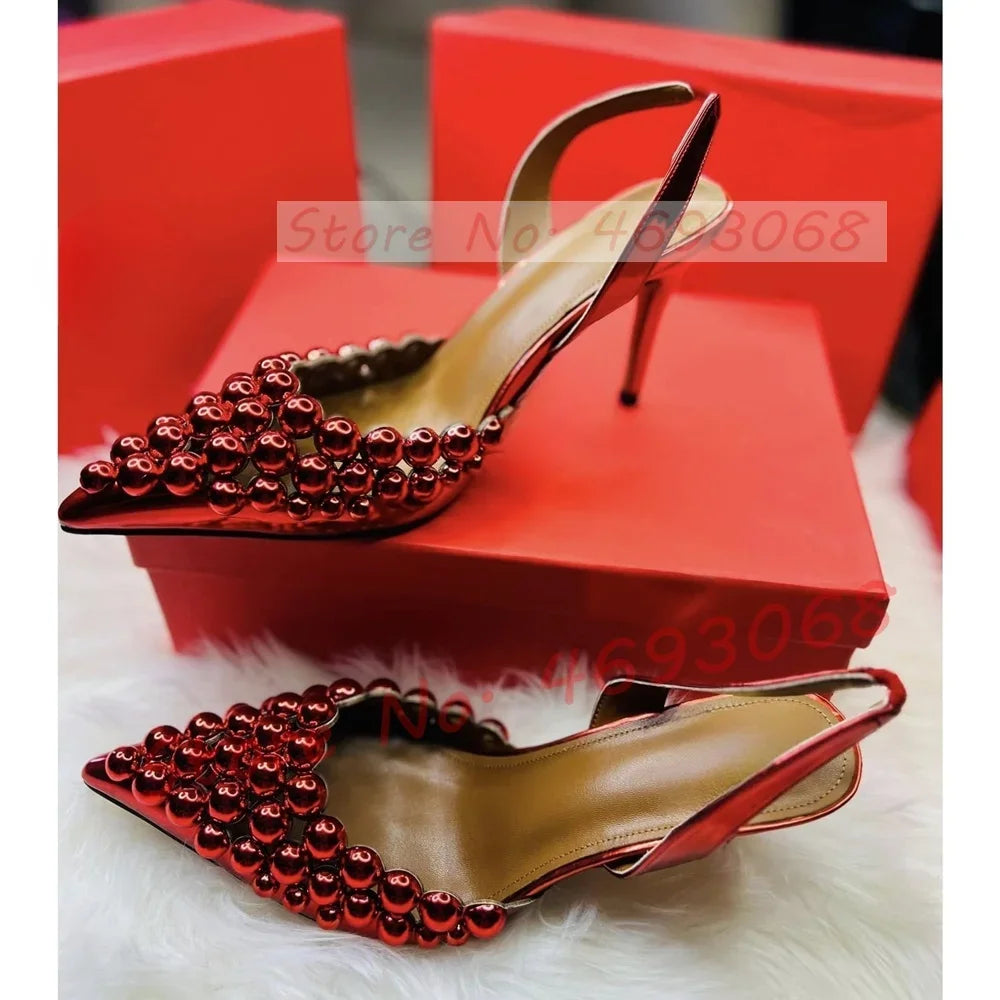 Sexy Pointed Toe Sandals With Metal Ball Spikes Women Bling Slingback Stiletto Sandals Ladies Summer Studded Buckle Straps Shoes
