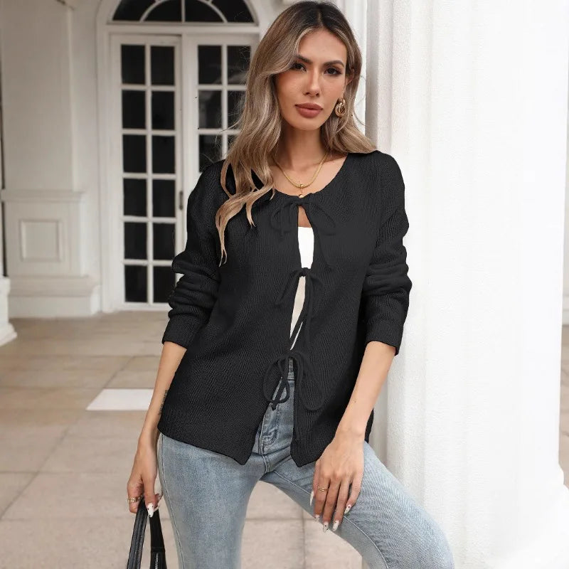 Elegant Women's Knit Cardigan with Decorative Bow Round Neck Casual Long Sleeve Cover Up Soft Chunky Sweater Coat