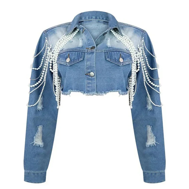 Autumn New Fashion Women's Pearl Chain Handmade Bead Denim Jacket Single-breasted Short Coat Female Trendy
