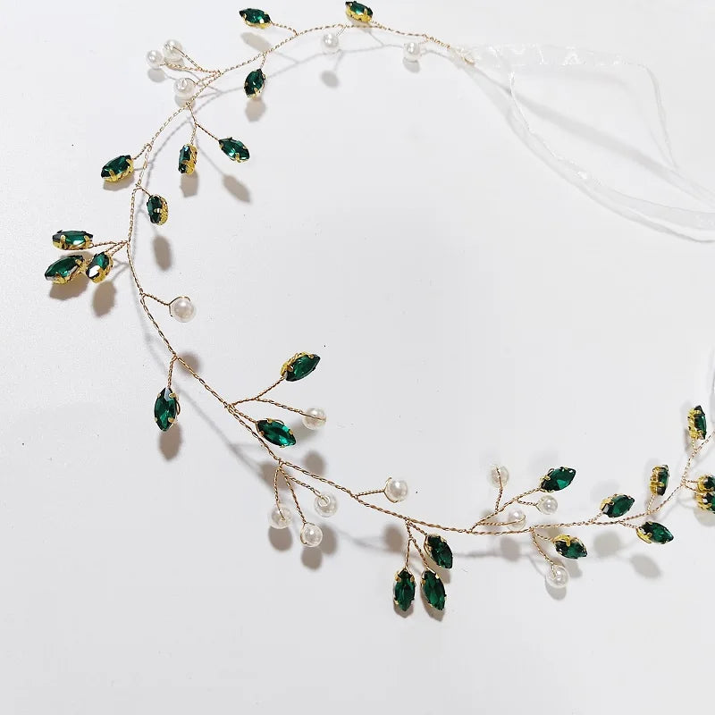 Green Color Rhinestone Hair Combs Bridal Hair Jewelry Leaf Hairpins Pearls Hairpins Bride Wedding Headdress Headband