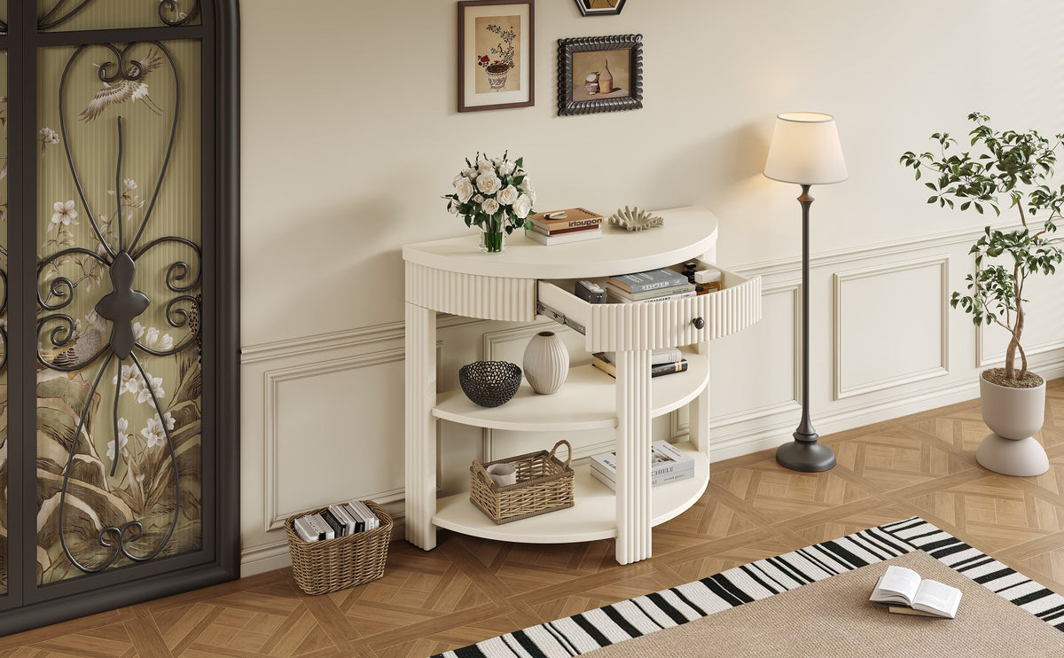 Fluted Half Moon Console Table with Drawer and 2 Shelves for Entryway,