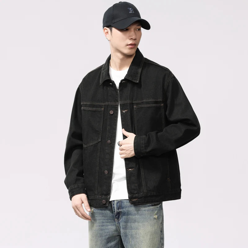 American Vintage Japanese-Style Raw Washed Black Denim Jacket - Relaxed Fit Casual Workwear Coat 100% Cotton Plus Size 4XL