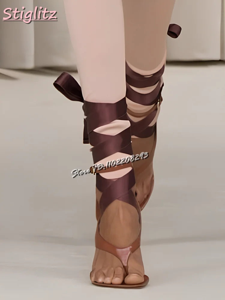 Silk Satin Cross-tied Sandals Clip-Toe Lace-up Flip-flop High Heels Riband Elegant Dress Shoes 2025 Summer New Fashion Women