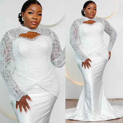 Luxury White Mermaid Bridal Dress Long Lace Beaded Sleeves High Neck Pearl African Wedding Dress Vestido De Novia Customized