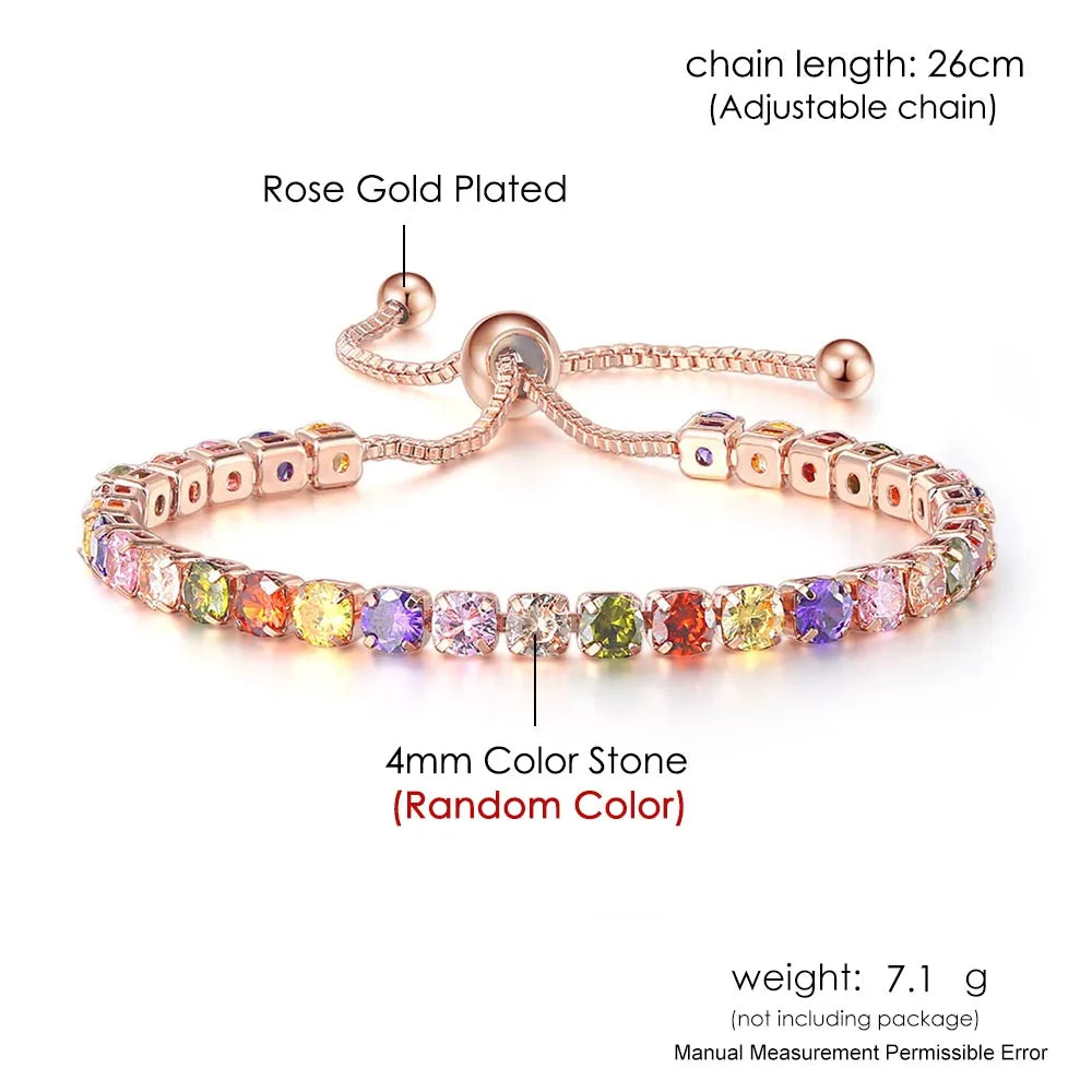 Adjustable Tennis Bracelet For Women Christmas Gift 4*4mm Rainbow Zircon Rose Gold Color Women's Bracelet Jewelry H056