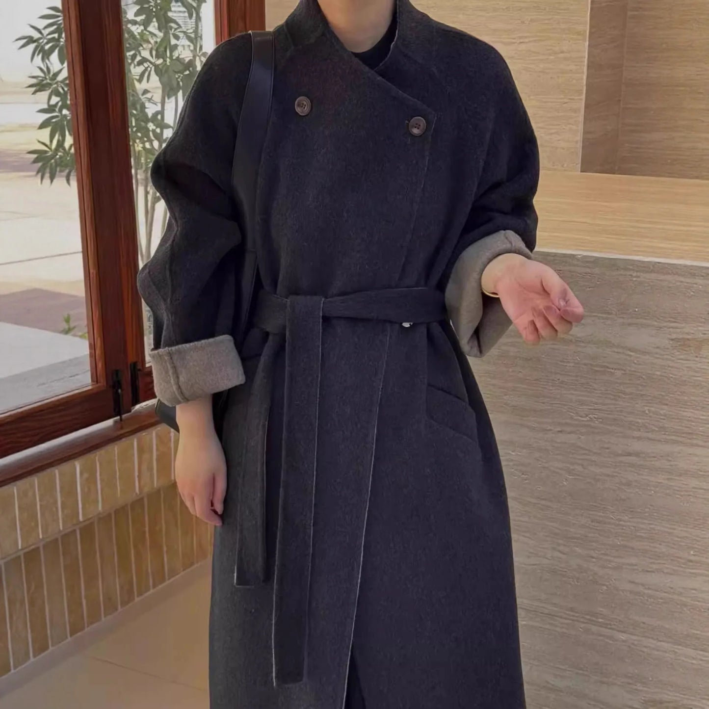 Fashion Elegant Large Lapel Double-Sided Wool Coat for Women Autumn Winter High-End Tie-Up Versatile Loose Slim Woolen Jacket