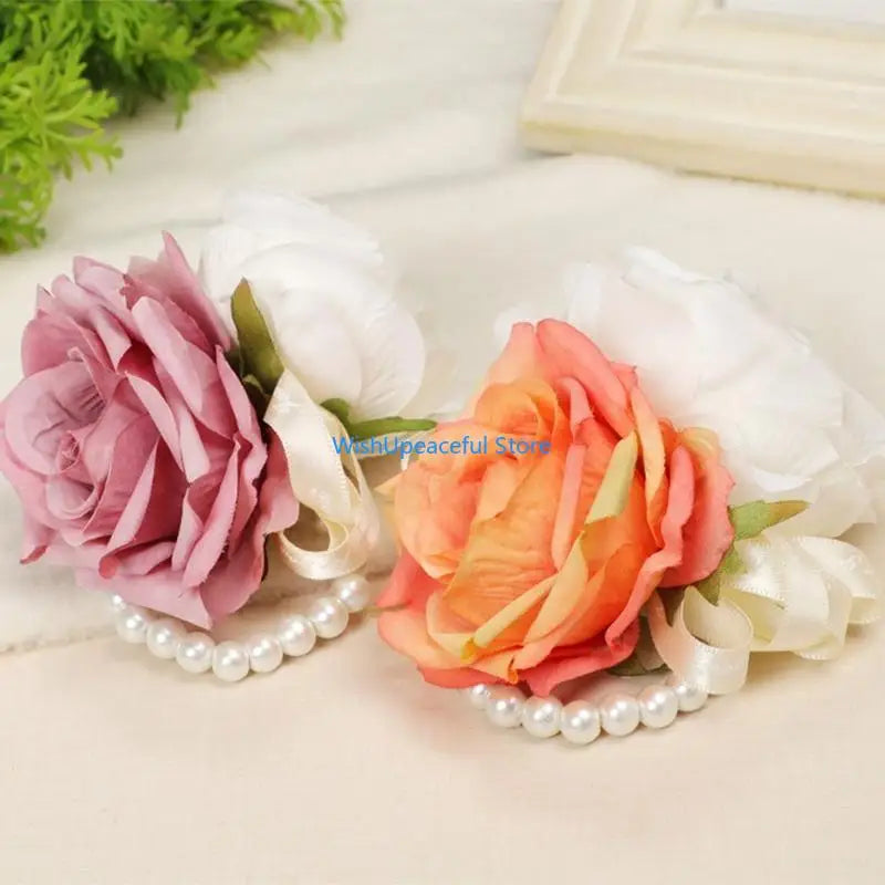 34YA Artificial Rose Wrist Corsage Wristband with Greenery Leaves Wedding Pearls Wristlet Hand Flowers for Women Bride Party