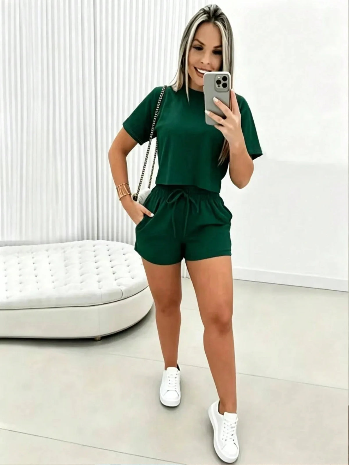2026 Women's Short-Sleeve Set Brazilian Print T-Shirt Set Crew Neck Retro Streetwear Trendy Clothing Crop Top Sports Set
