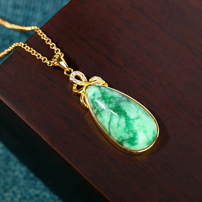 Natural Jade Water Drop Pendant Necklace Stone Carved Gemstone Real Jewelry Vintage Charm 18K Gold Plated Gifts for Women