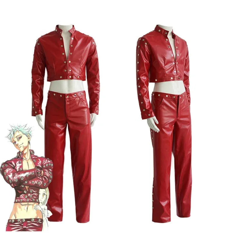 Lyou 2025 Anime Seven Deadly Sins: Wrath of The Gods Ban Cosplay Costume Red PU Coat Pants Wig Adult Man Woman Halloween Ca★★★kk