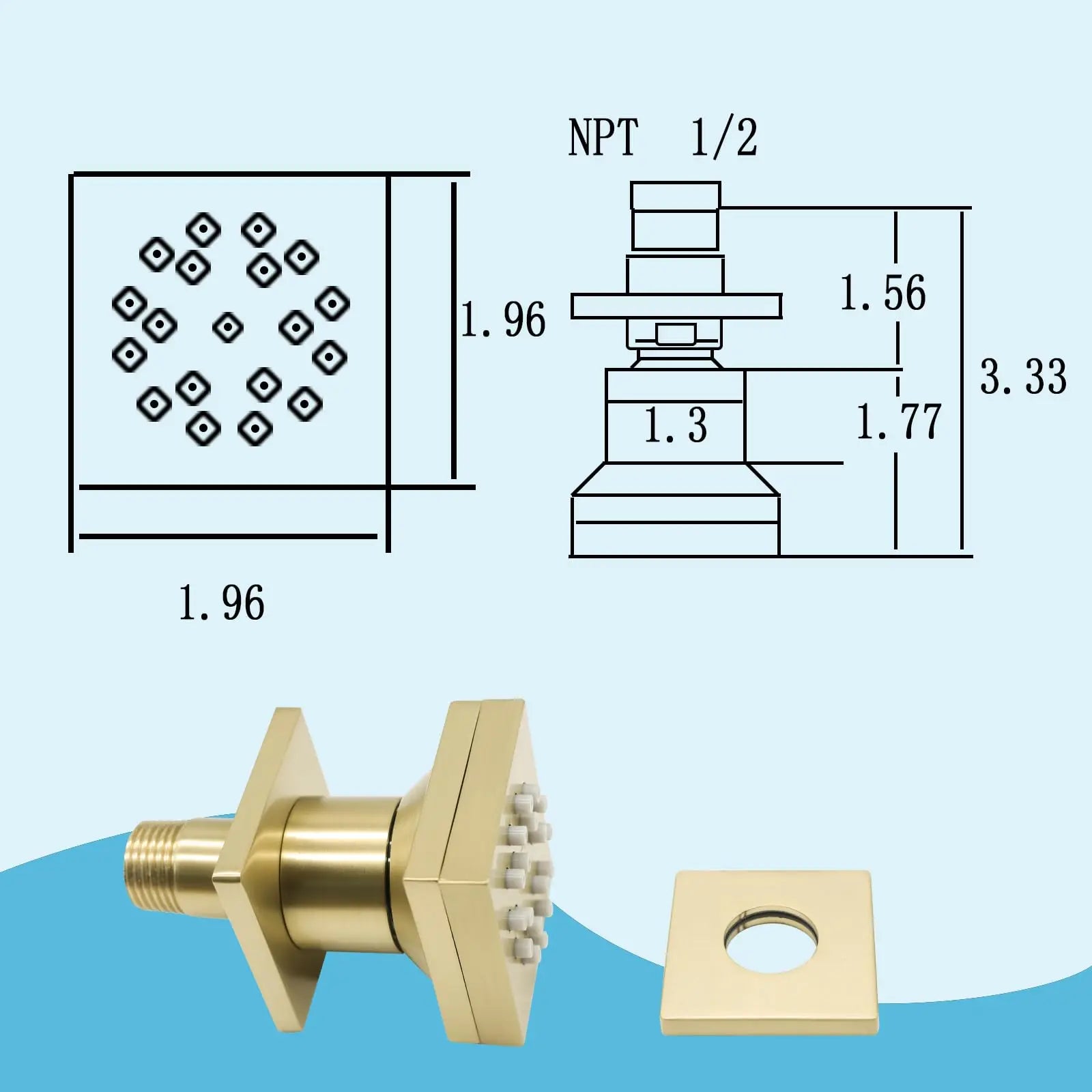 6-Piece Brushed Gold Square Shower System, 2-Function Side Spray Panel with Adjustable Arm, Luxury Bathroom Set for Hotel/SPA