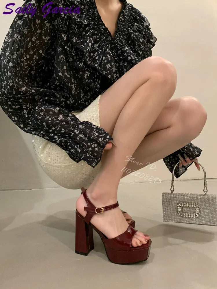 Burgundy Chunky Heel Sandals Square Toe Platform Buckle Strap Catwalk Shoes Patent Fashion Super High Heels 2025 Lady Summer New