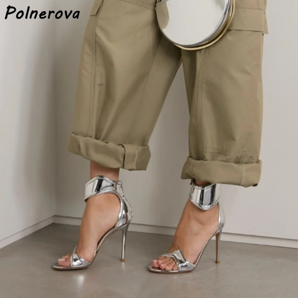 Wave Shape Straight Strap Sandals Ankle Band Silvery Gold Back Zipper Leather Shoes Summer Sexy Stiletto Fashion Sandals 2025