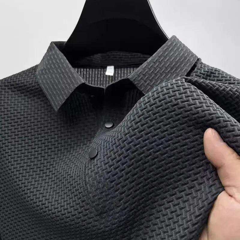 Summer New Men's Lop-up Hollow Short-sleeved Polo Tee Shirt Ice Silk Breathable Business Fashion T-Shirt Male Brand Clothes