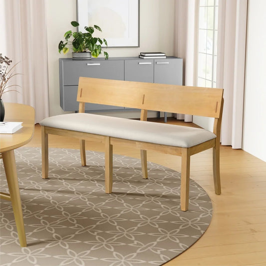 Natural Rubberwood Dining Bench with Plush Fabric Upholstery Entryway Living Room Seating Comfort Assembly Required