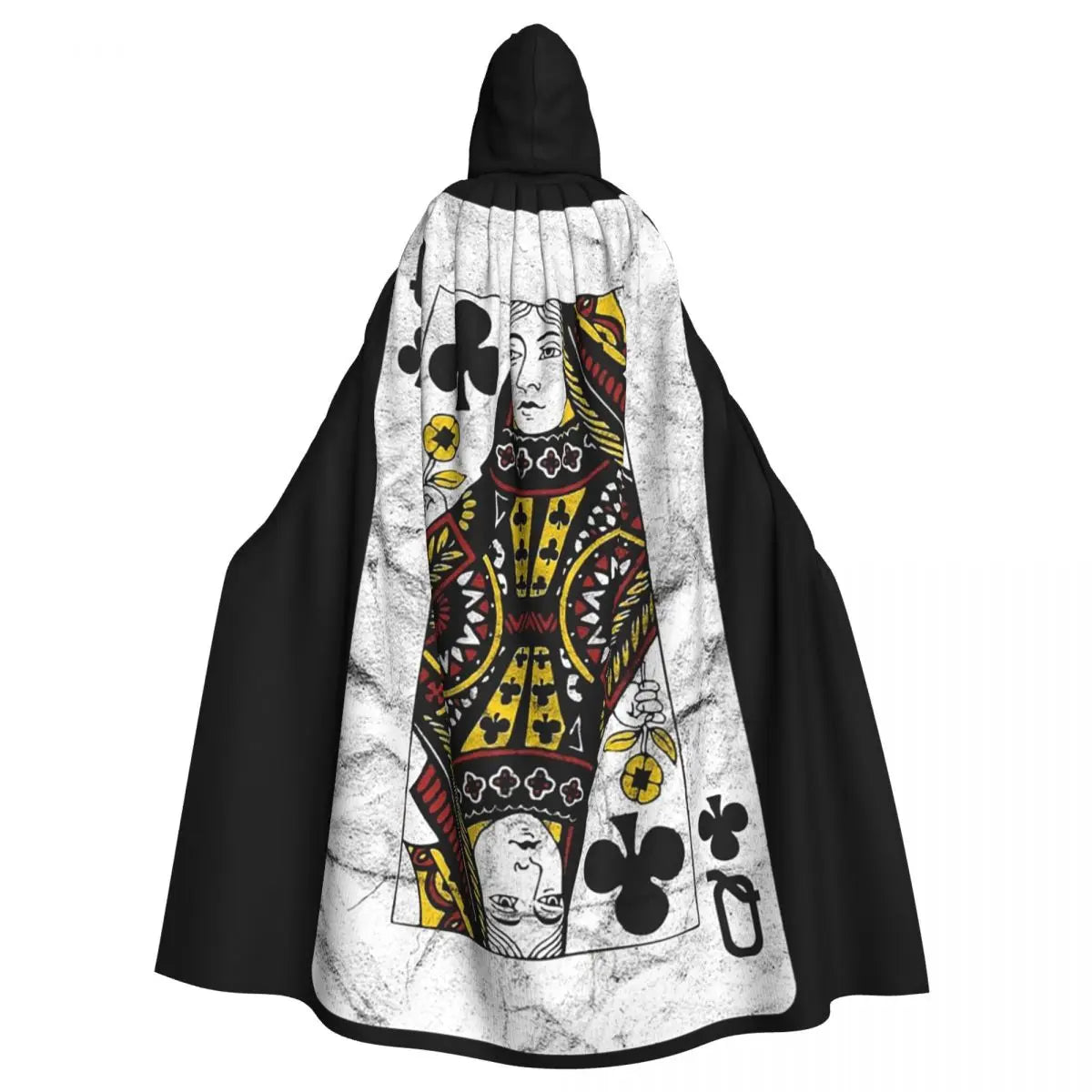 Playing Cards Queen Clubs distressed Design Long Hooded Cloak Witch Medieval Costume Cosplay Cape HalloweenVampire Adult Unisex