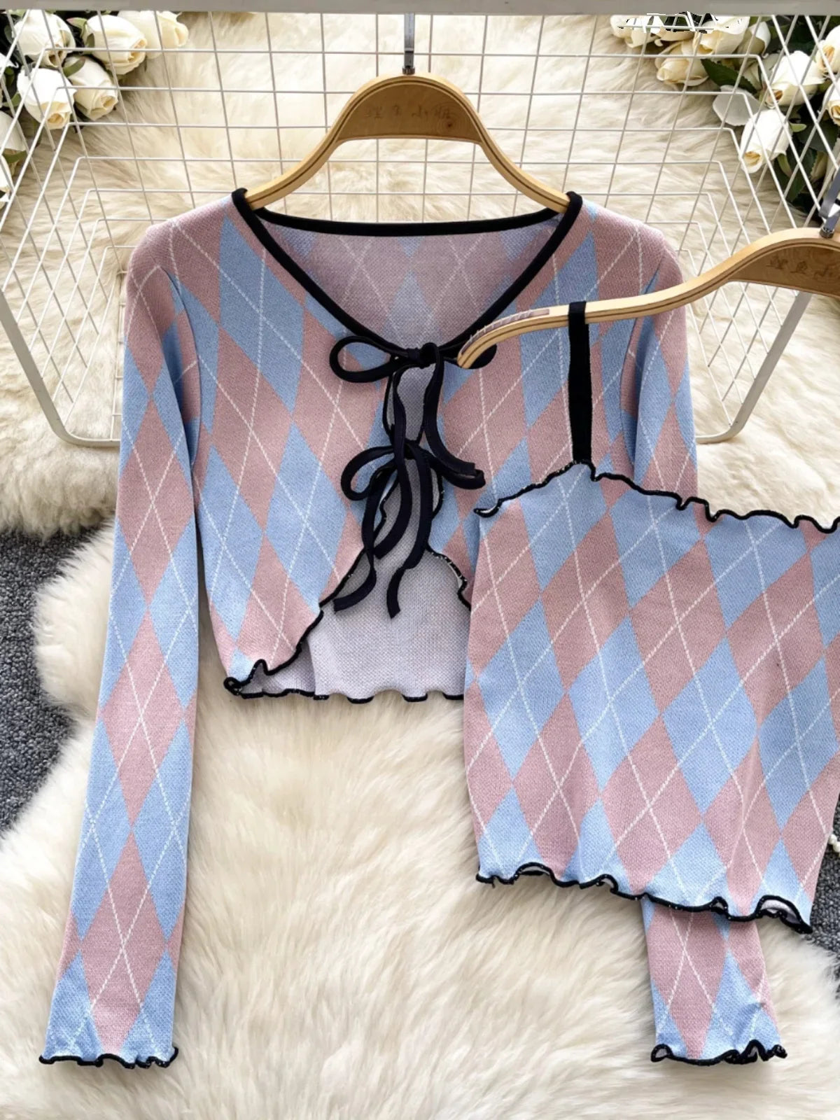 Women Cropped Sweaters 2 Pcs Set Chic Tube Top+Cardigan Coat Streetwear Harajuku Y2k Clothes Autumn knit cardigan crop top