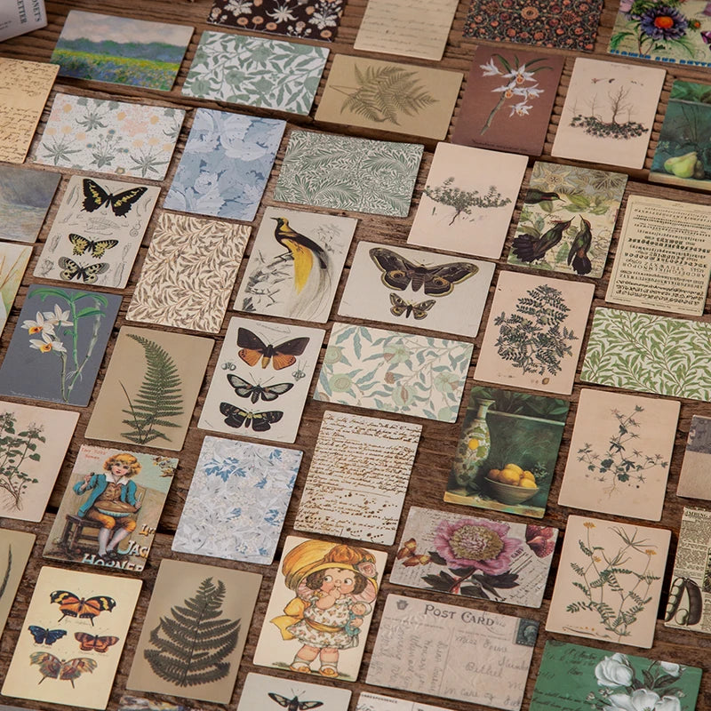 100pcs Vintage Plant Butterfly Material Paper Double-sided Printing Retro Memo Pads Notes Card Scrapbooking Diary Journals DIY