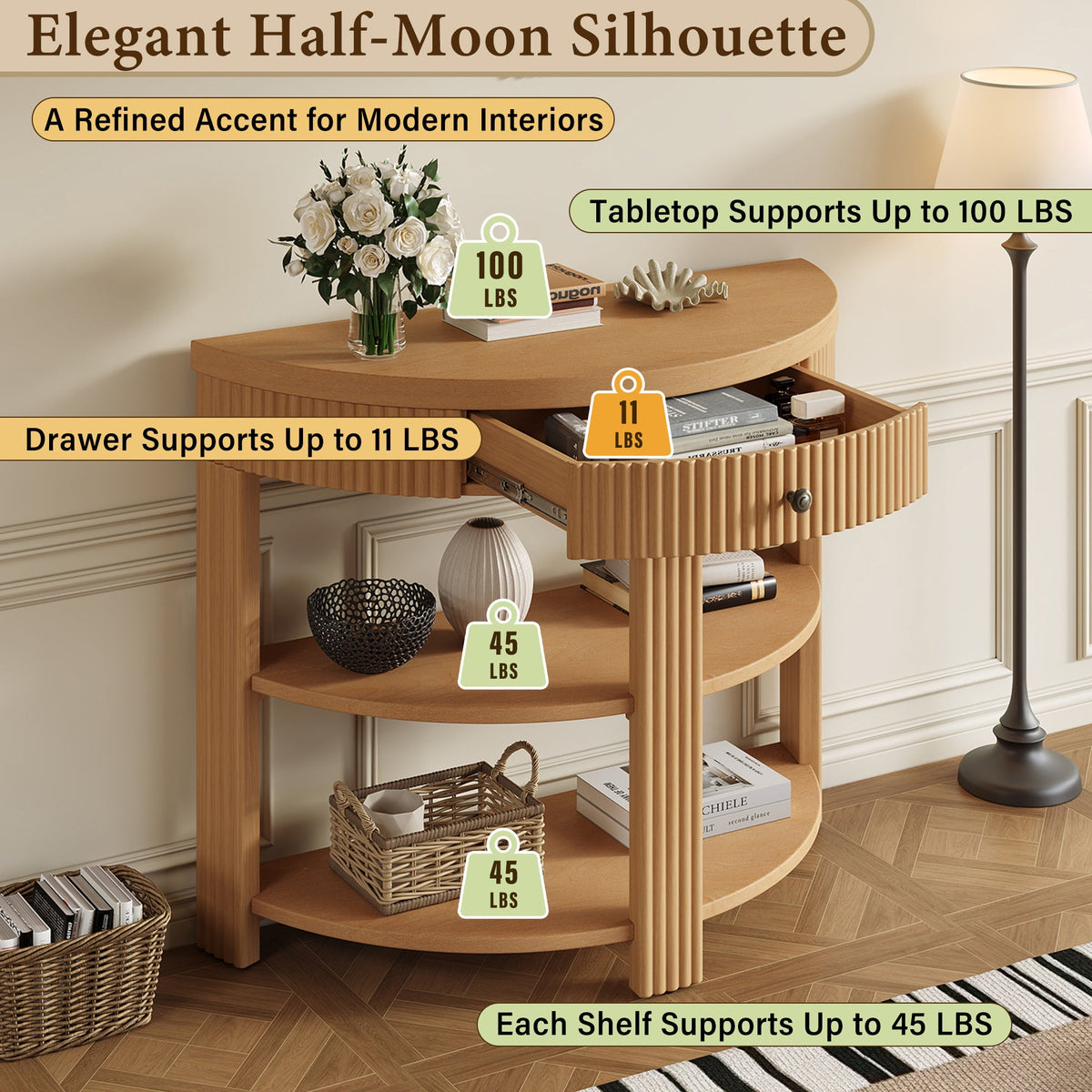 Fluted Half Moon Console Table with Drawer and 2 Shelves for Entryway,