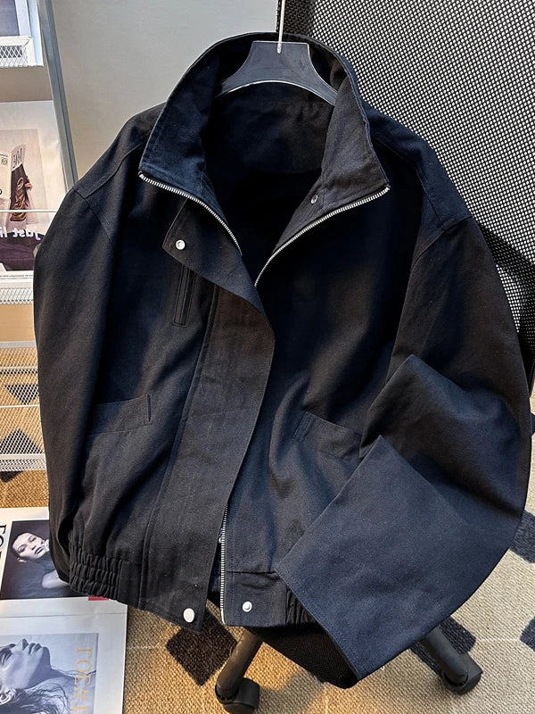 ex Pilot Jaet ort Sle Stand Collar Spring Autumn Trendy Retro Workwear Coat for Couples Youth Loose Fit Zipper Closure