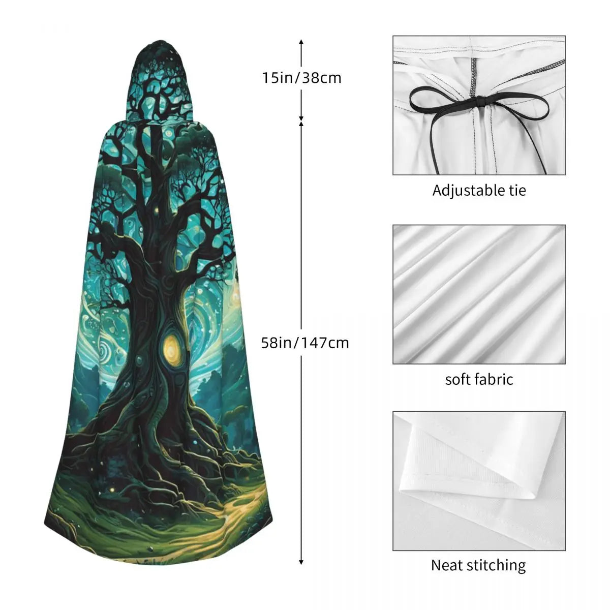 Magic Green Tree Long Hooded Cloak Witch Medieval Costume Cosplay Cape HalloweenVampire Adult Unisex