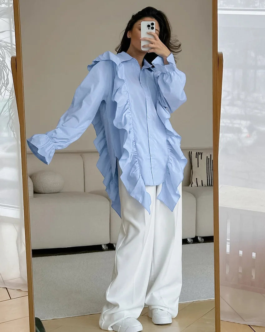 Ruffles Button-Down Shirt Women Summer Fashion Flare Sleeve Loose Shirts Blouses Lady Elegant Casual Tops Streetwear 2025